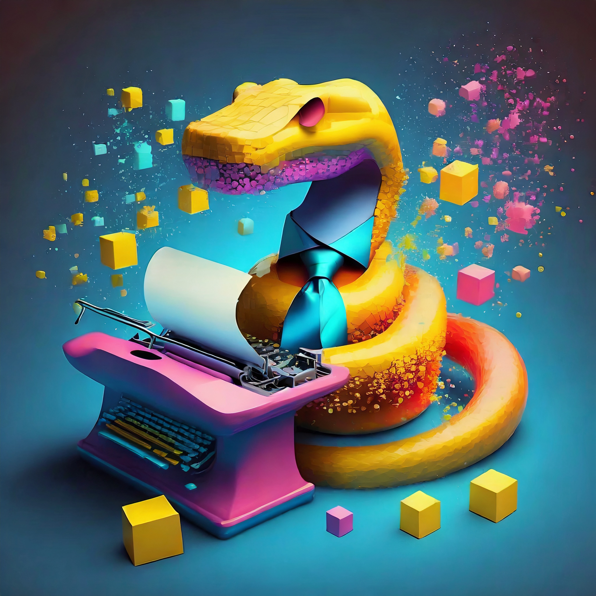 AI prompt: friendly python with python snake skin, wearing in a retro colorful tie and typing a list on a typewriter, surrounded by 3d cubes, isolated dark blue background
